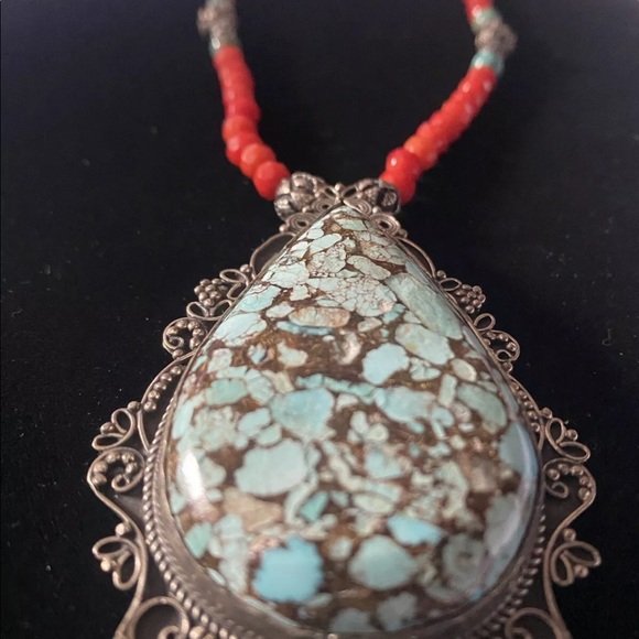 Egyptian Turquoise pendant set in 925 SS on a coral faceted bead necklace NWOT - Picture 2 of 7